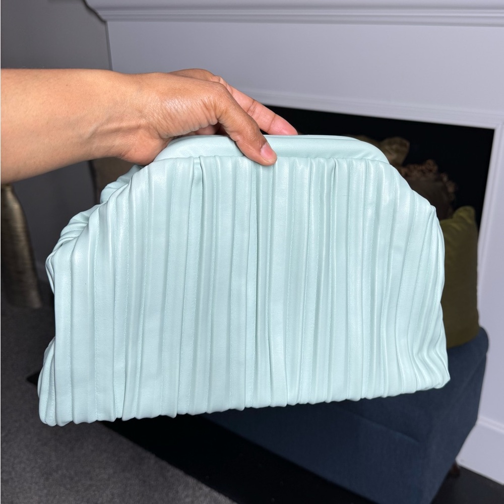 Light Blue Faux Leather Pleated Handbag